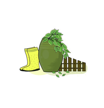 Boots and plant pot.Vector images of garden shops.