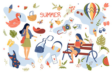 Summer concept isolated elements set. Collection of woman in summer clothes walking, sitting on bench, swimsuit, photo camera, ice cream, balloon and other. Vector illustration in flat cartoon design