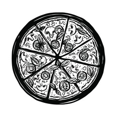 Vector sketch of Italian pizza. Tasty pizza topped with tomato sauce, cheese, mushrooms, tomatoes and basil. Vector black and white illustration.