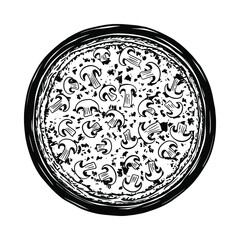 Vector sketch of Mushroom pizza. Tasty Italian pizza topped with cheese and champignon. Vector black and white illustration.