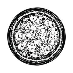 Vector sketch of Four Cheese pizza. Tasty Italian pizza topped with mozzarella, parmesan, gorgonzola, fontina and oregano. Vector black and white illustration.