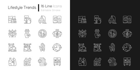 Lifestyle trends linear icons set for dark and light mode. Hygge atmosphere. Health tracking. Digital detox. Customizable thin line symbols. Isolated vector outline illustrations. Editable stroke