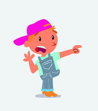 Surprised cartoon character of little boy on jeans pointing at something