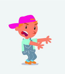 Very angry cartoon character of little boy on jeans pointing at something at side