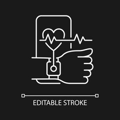 Health tracking white linear icon for dark theme. Measuring heart rate. Wearable fitness tracker. Thin line customizable illustration. Isolated vector contour symbol for night mode. Editable stroke