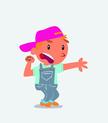Very angry cartoon character of little boy on jeans pointing at something.