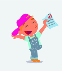 very happy cartoon character of little boy on jeans with a exam in hand.