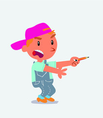 angry cartoon character of little boy on jeans with pencil points to the side.