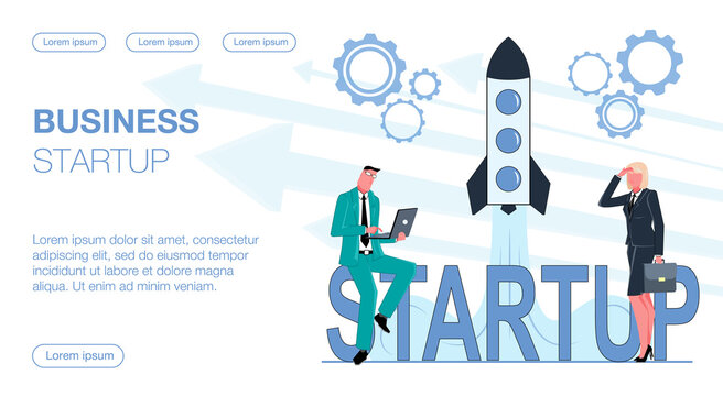 a businessman sits on a big startup sign and works on his laptop, a businesswoman stands next to him and watches a rocket launch flat vector illustration