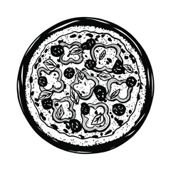 Vector sketch of pizza. Tasty Italian pizza topped with cheese, bell pepper, meatballs and basil. Vector black and white illustration.