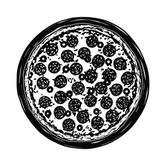 Vector sketch of Pepperoni pizza. Tasty Italian pizza topped with mozzarella cheese, pepperoni and black olive. Vector black and white illustration.