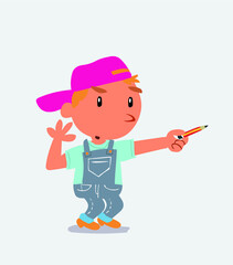 Obraz premium cartoon character of little boy on jeans doubts while pointing to the side with a pencil.