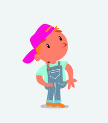 cartoon character of little boy on jeans looks with doubt and somewhat surprised.