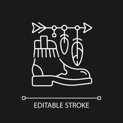 Boho lifestyle white linear icon for dark theme. Practicing unconventional style. Hippie fashion. Thin line customizable illustration. Isolated vector contour symbol for night mode. Editable stroke