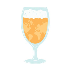 International World Beer Day. Glass filled with light beer with foam and abstract world map. Isolated on white background flat vector illustration