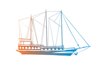 Vintage pleasure ship, old boat in the sea. Pirate schooner. Hand drawn sketch. Line art. Colourful vector illustration on white background.