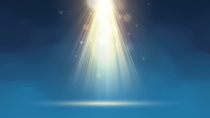 Gold spotlight. Blue background with fog, smoky stage. Golden beams of spotlight, bokeh, shimmering glittering particles, a spot of light. Backdrop for displaying products. Vector illustration