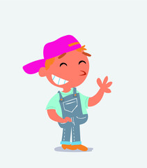  cartoon character of little boy on jeans waving informally while laughing.