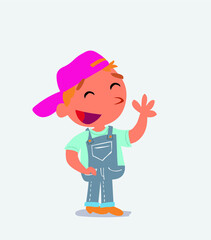  cartoon character of little boy on jeans waving informally while smiling.