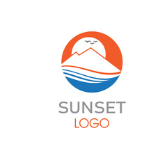 summer beach coast island, sea ocean with birds and summer sun rays logo design inspiration