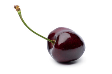 Single red ripe juicy cherry isolated on white background 