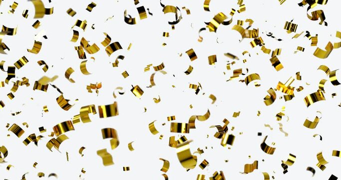 Golden confetti party. Gold confetti on a white background. Video animation Ultra HD 4K