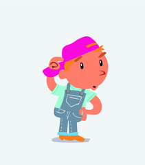  funny cartoon character of little boy on jeans doubting.