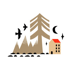 Vector card with mountains and house. Illustration for prints, greetings, posters, t-shirt, packaging, invites. Scandinavian style flat design. - 446224266
