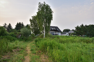 The house on the hill is covered with trees. Evening, Gloomy.