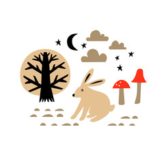 Vector card with cute rabbit, tree and mushrooms. Illustration for children's prints, greetings, posters, t-shirt, packaging, invites. Scandinavian style flat design. Funny cartoon animal. - 446224809