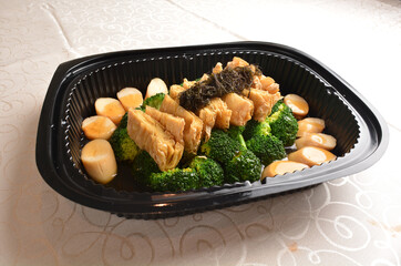 stir fried luohan vegetables with broccoli, bean curd tofu skin and abalone mushroom in oyster...