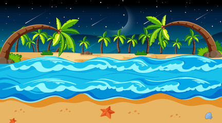 Fototapeta na wymiar Tropical beach landscape scene with many palm trees at night