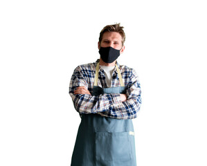 young male chef cook put with apron portrait, isolated white background