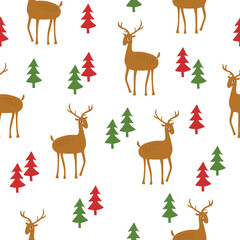 Obraz na płótnie Canvas Vector Christmas pattern.Seamless illustration with Christmas trees and deer on a white background.Suitable for wrapping paper,textiles, wallpaper, wrappers, etc