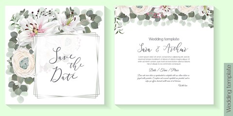 Wedding card with flowers. Floral vector frame design. Roses, ranunculus, lily, eucalyptus and green plants. Elements are isolated and editable.