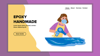 Epoxy Handmade Doing Artist In Workshop Vector. Epoxy Handmade Creative Artwork Decoration Making Young Woman With Resin And Fan. Character Creativity Work Web Flat Cartoon Illustration
