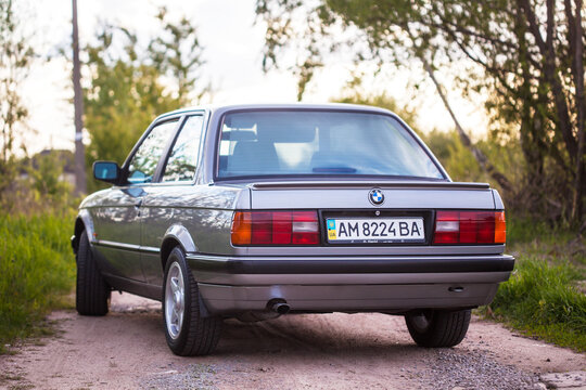 KYIV, UKRAINE - May 21, 2020: The back of an old German rare car BMW e30