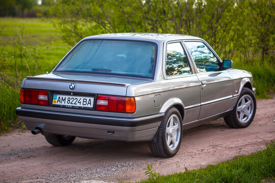 KYIV, UKRAINE - May 21, 2020: The back of an old German rare car BMW e30