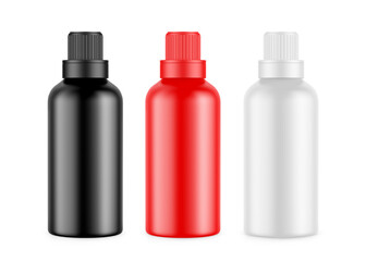 White matte plastic bottle for conditioner, shampoo, detergent, oil, medicine, cosmetic bottle. Front view of plastic bottle with screw cap packaging mockup template, 3d illustration