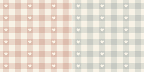Plaid pattern with pretty hearts in pink, grey, beige. Seamless tartan vichy gingham check graphics for dress, shirt, picnic blanket, gift paper, wallpaper, other modern Valentines Day holiday print.