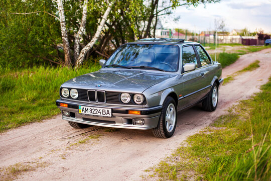 KYIV, UKRAINE - May 21, 2020: The front of an old German rare car BMW e30