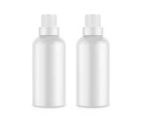 White matte plastic bottle for conditioner, shampoo, detergent, oil, medicine, cosmetic bottle. Front view of plastic bottle with screw cap packaging mockup template, 3d illustration