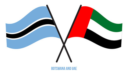 Botswana and UAE Flags Crossed And Waving Flat Style. Official Proportion. Correct Colors.