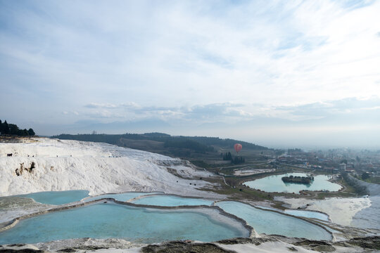 Real view of travertines in Pamukkale during wintertime