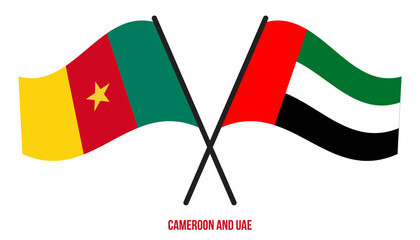 Cameroon and UAE Flags Crossed And Waving Flat Style. Official Proportion. Correct Colors.
