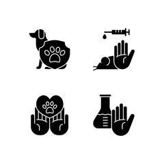 Animal testing black glyph icons set on white space. Pet welfare. Protection for dogs, mice, rats. Ban harm and abuse to laboratory animal. Silhouette symbols. Vector isolated illustration