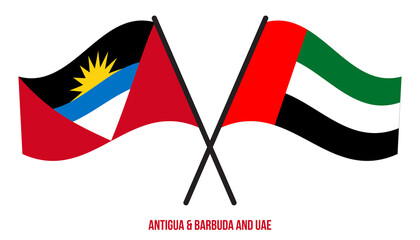 Antigua & Barbuda and UAE Flags Crossed & Waving Flat Style. Official Proportion. Correct Colors.