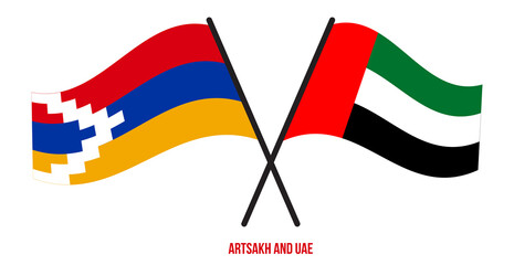 Artsakh and UAE Flags Crossed And Waving Flat Style. Official Proportion. Correct Colors.
