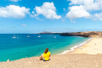 Panorama of beautiful beach and tropical sea of Lanzarote. Canaries