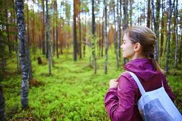 spring forest female windbreaker trekking, springtime rest nature landscape background woman tourist